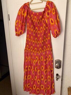 Smocked Off-Shoulder Midi Dress in Pink, Orange and Yellow